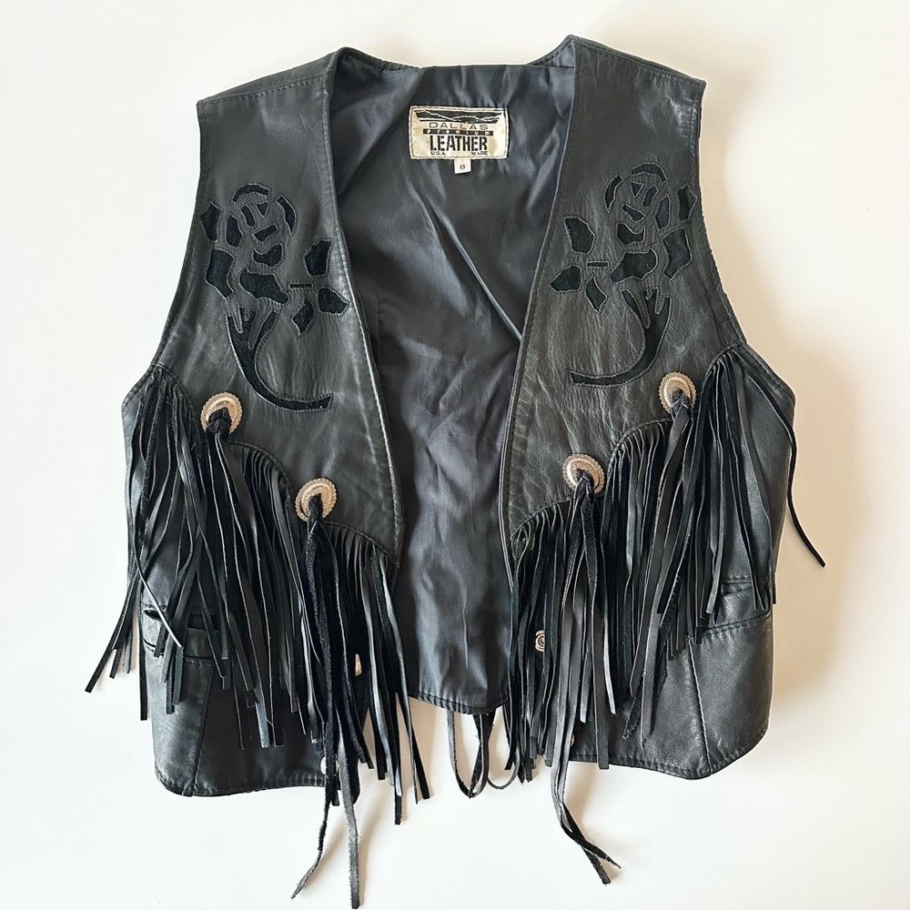 Vtg Dallas Leather Fringe Vest Black Suede Rose Lace Up Sides Made in USA 8